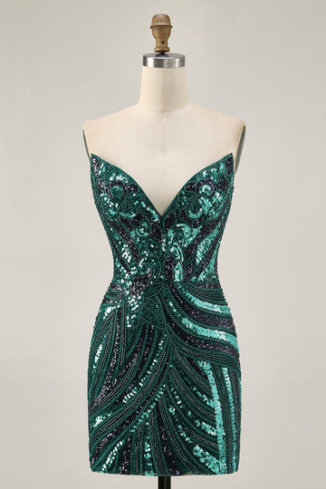Dark Green Strapless Tight Homecoming Dress with Sequins